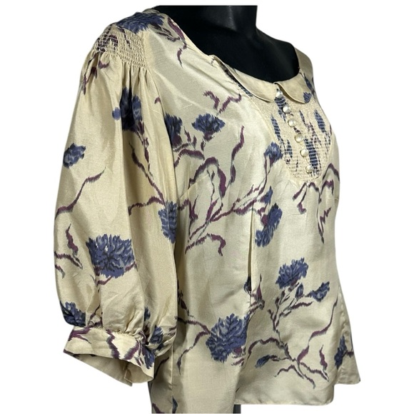 Girls from Savoy Silk Blouse Size 8 3/4 Puff Sleeve Beige Peter Pan Collar - Picture 4 of 10